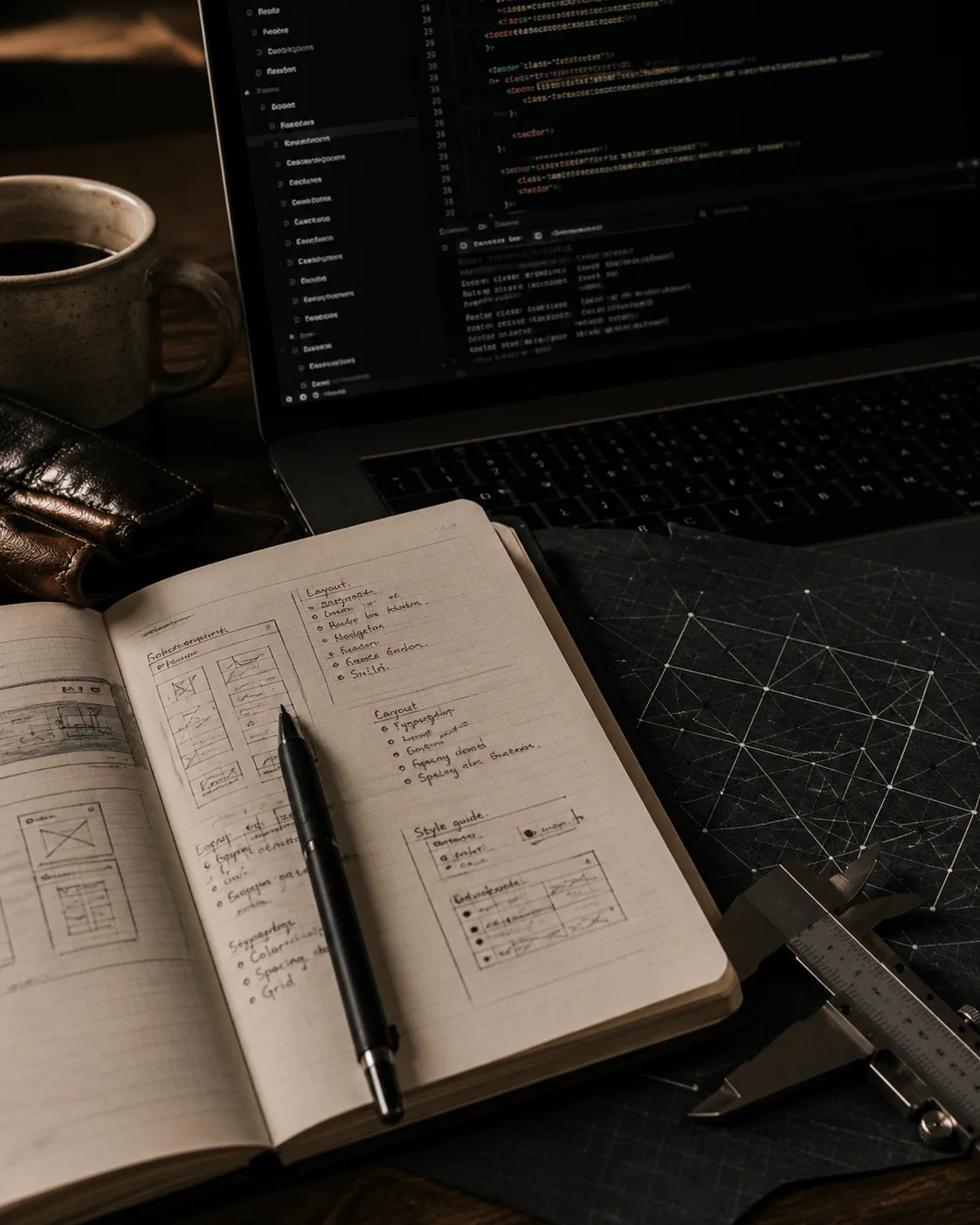 A technical workspace with code, wireframe notes, network diagrams, and precision tools.