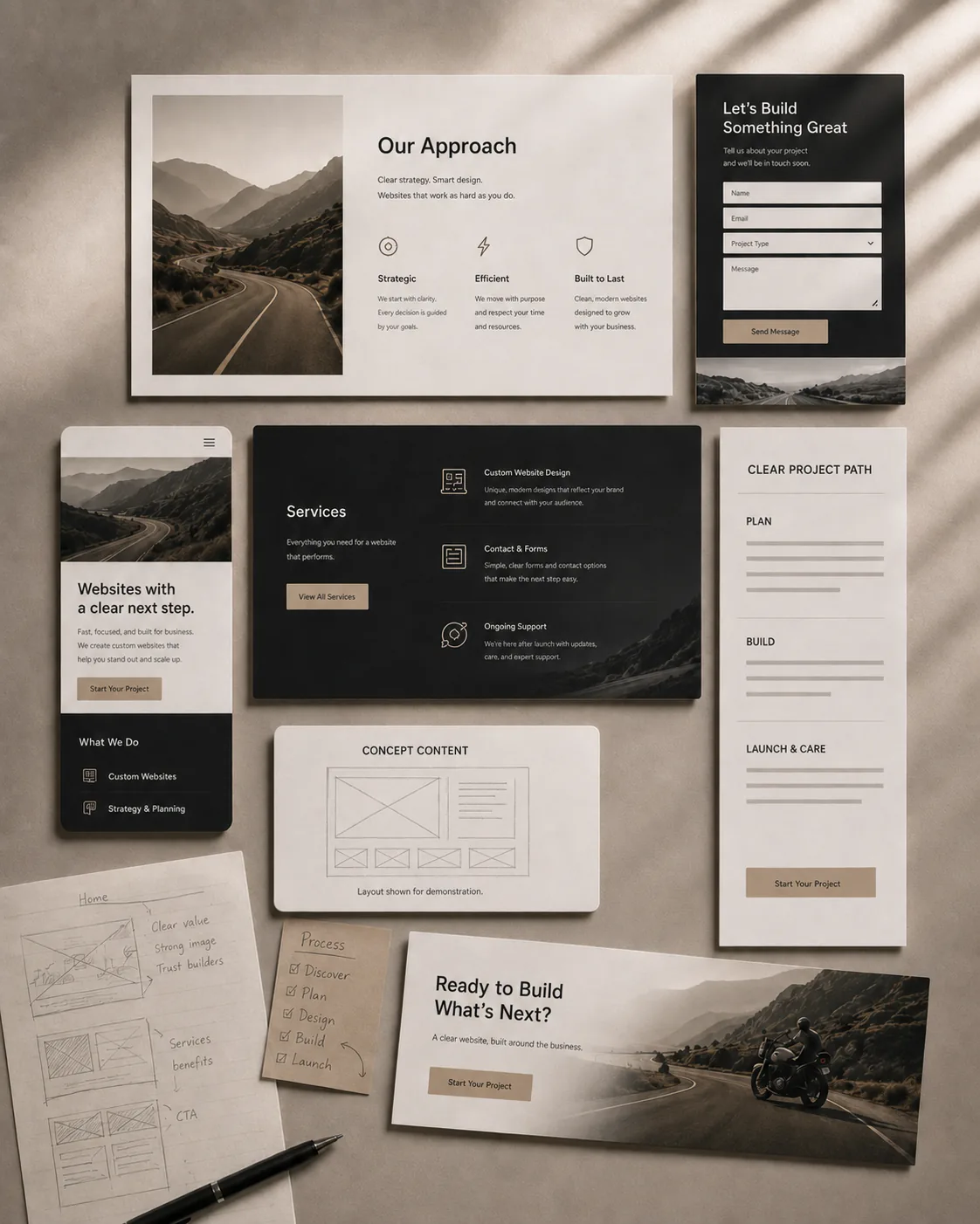 A collection of website interface mockups showing services, a clear project path, contact forms, mobile layout, and calls to action.