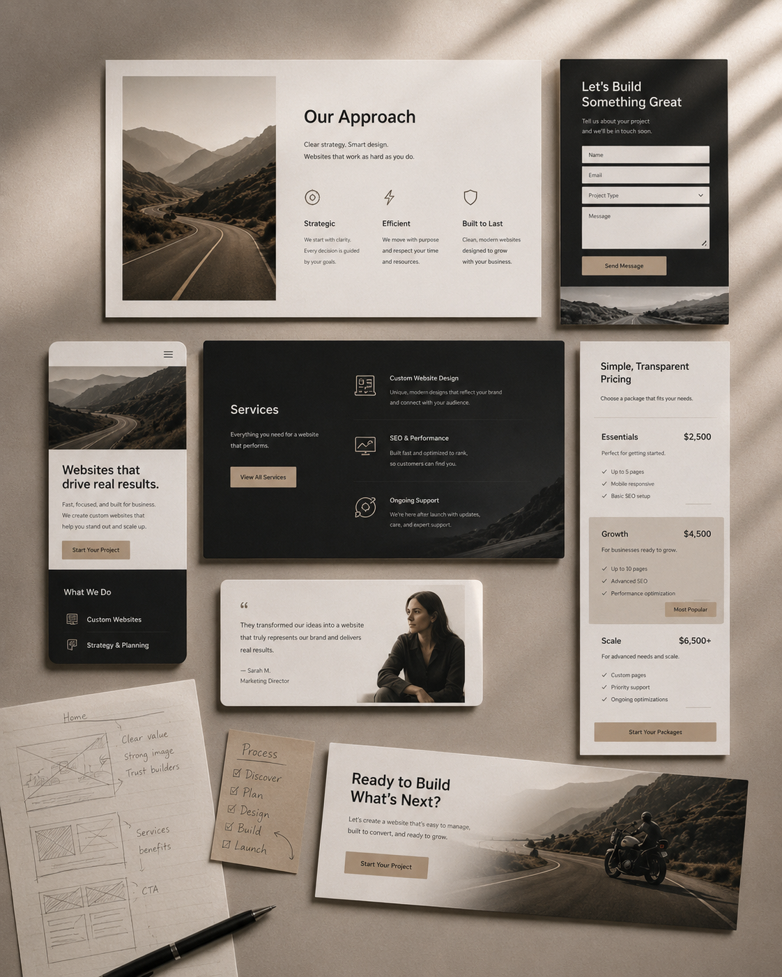 A collection of website interface mockups showing services, pricing, contact forms, mobile layout, and calls to action.