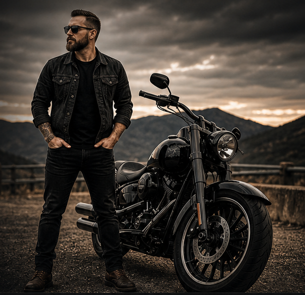 Rugged man in a black jacket standing beside a black cruiser motorcycle under a moody sky.