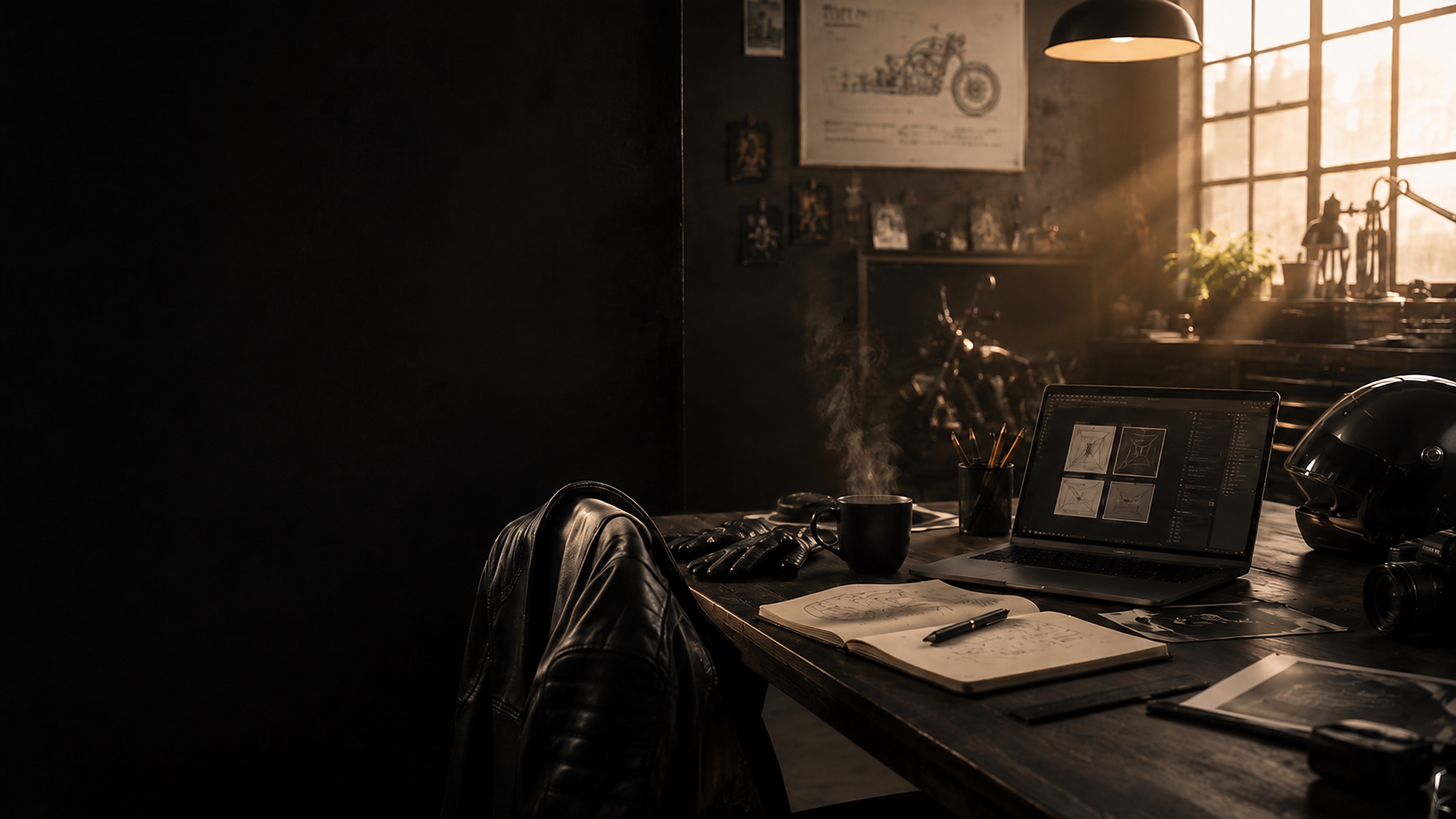 Designer workshop with leather riding gear, laptop, sketchbook, and coffee mug in warm morning light.