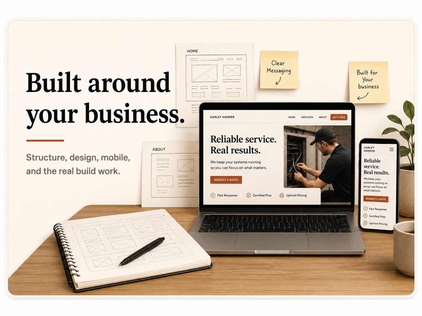 Website planning desk with wireframes, messaging notes, and desktop and mobile page designs.