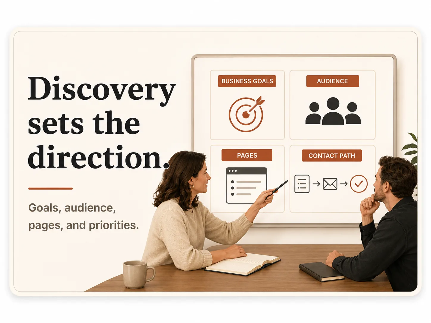 Discovery planning board showing business goals, audience, pages, and the customer contact path.
