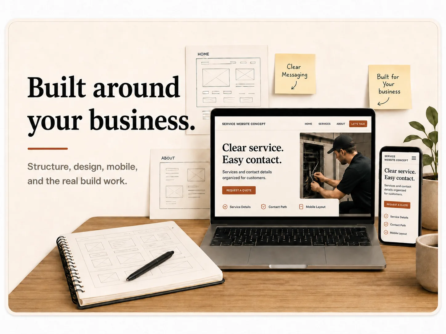 Website planning desk with wireframes, messaging notes, and a clearly labeled service website concept on desktop and mobile screens.