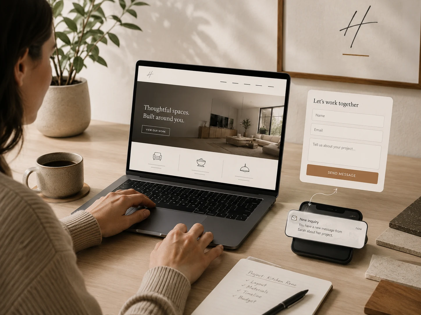 Business owner viewing a polished website beside an inquiry form and a phone notification for a new inquiry.